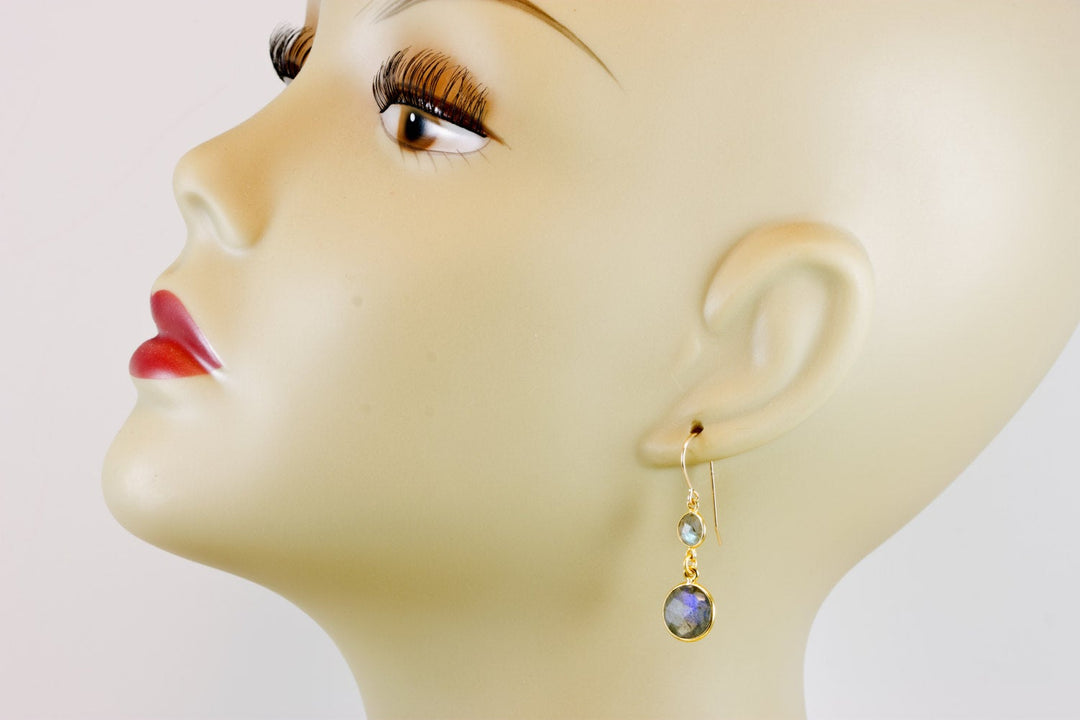 Labradorite Earrings 14k Gold Filled Small Simple Drops Bezel Set Round Double Hung Drop Dangle Round Cut AAA Blue Flash Spyglass Designs