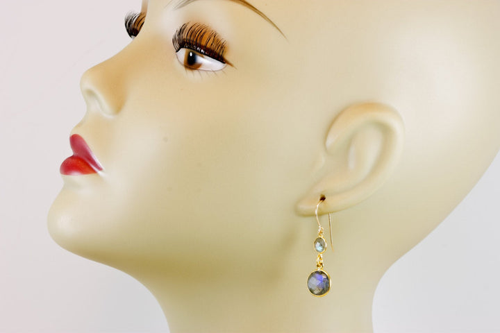 Labradorite Earrings 14k Gold Filled Small Simple Drops Bezel Set Round Double Hung Drop Dangle Round Cut AAA Blue Flash Spyglass Designs