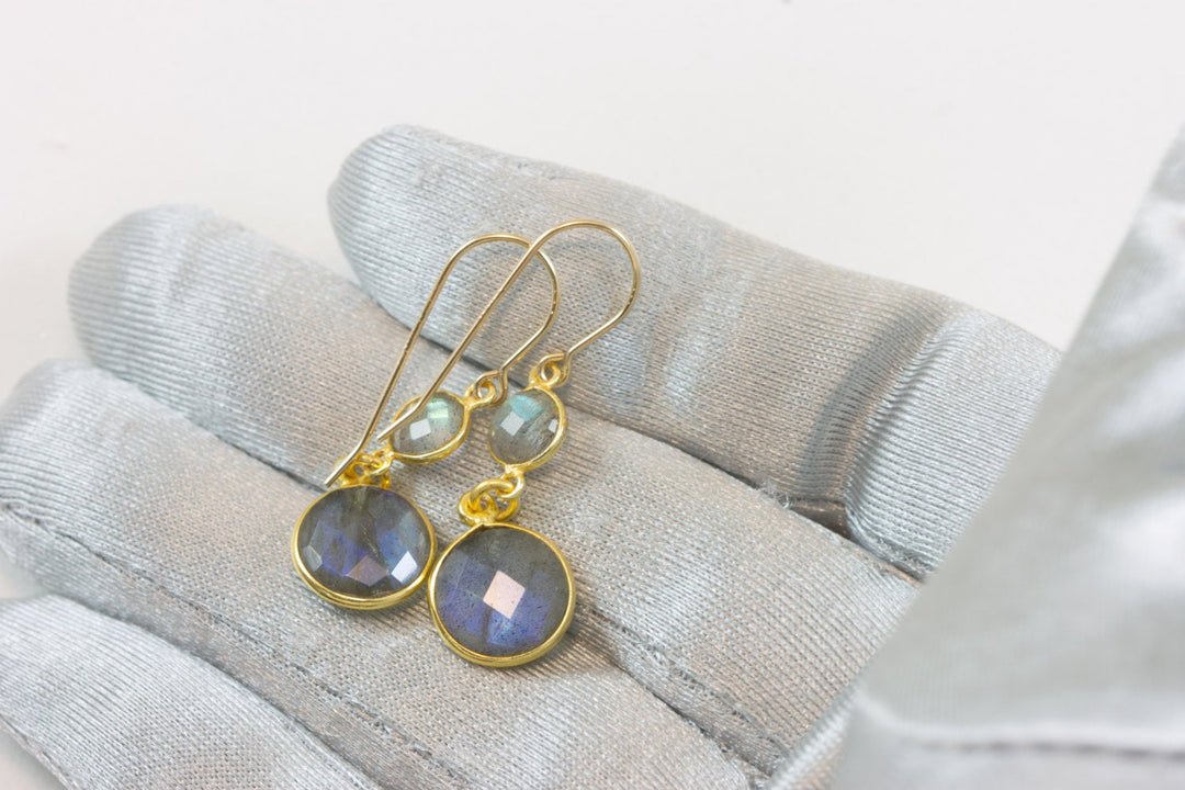 Labradorite Earrings 14k Gold Filled Small Simple Drops Bezel Set Round Double Hung Drop Dangle Round Cut AAA Blue Flash Spyglass Designs