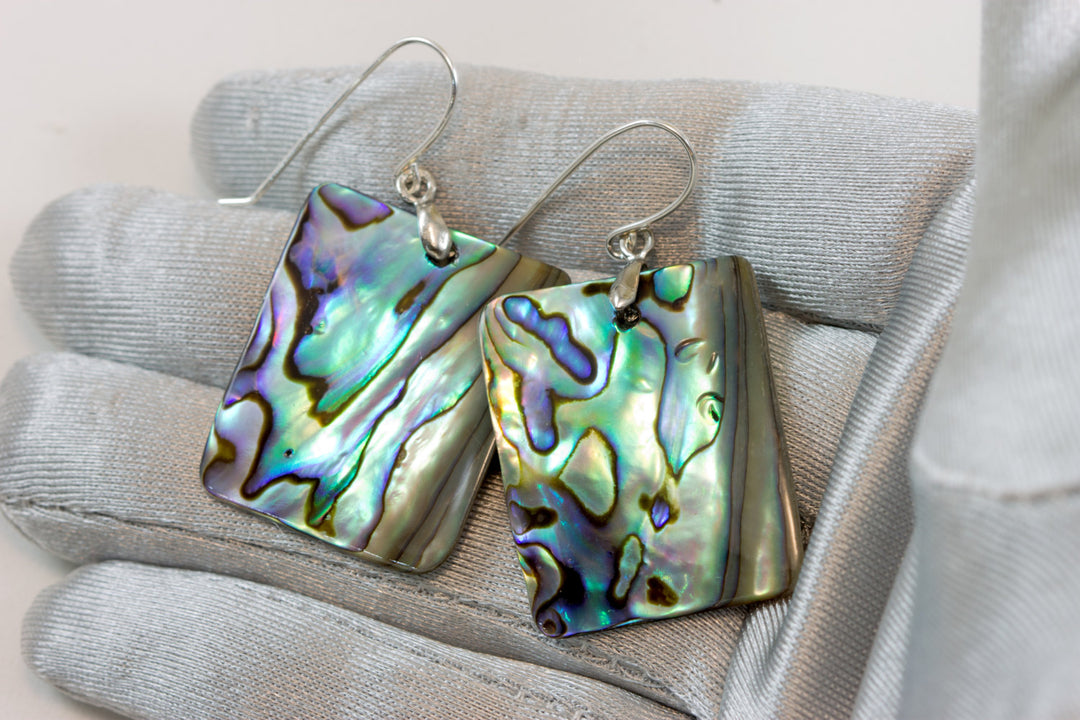 Abalone Paua Shell Teardrop Earrings Large Natural Peacock Colors 14k Solid Gold or Filled or Sterling Silver Rectangle  Blue