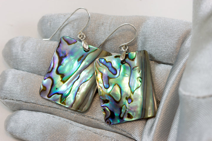 Abalone Paua Shell Teardrop Earrings Large Natural Peacock Colors 14k Solid Gold or Filled or Sterling Silver Rectangle  Blue