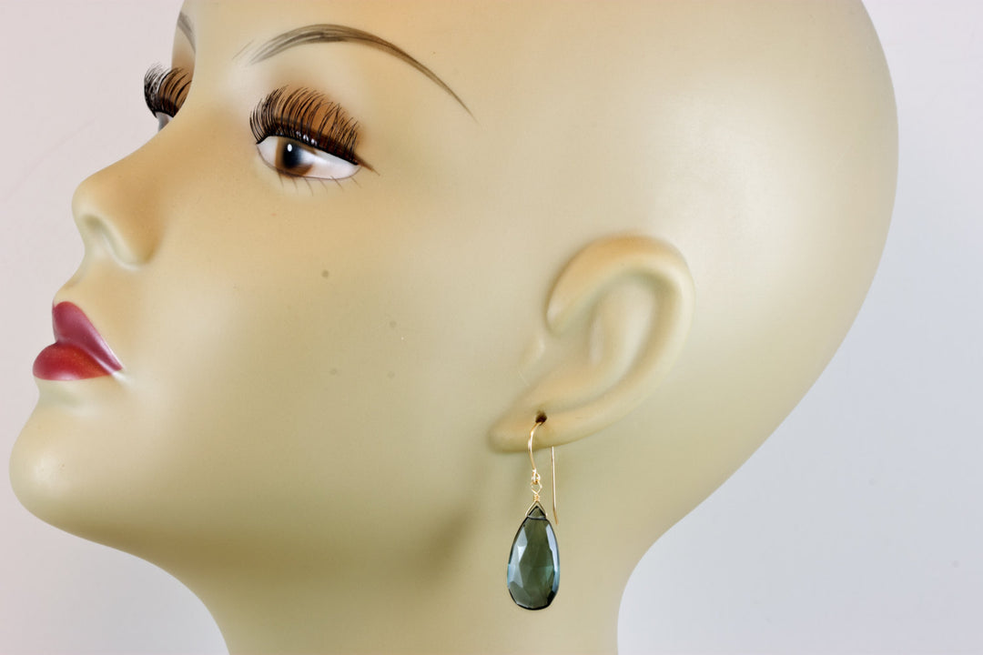 London Blue Earrings Simulated Topaz Teardrop Briolette Faceted Large Smoky Drops Sterling Silver or 14k Solid Yellow Gold or Filled Smokey