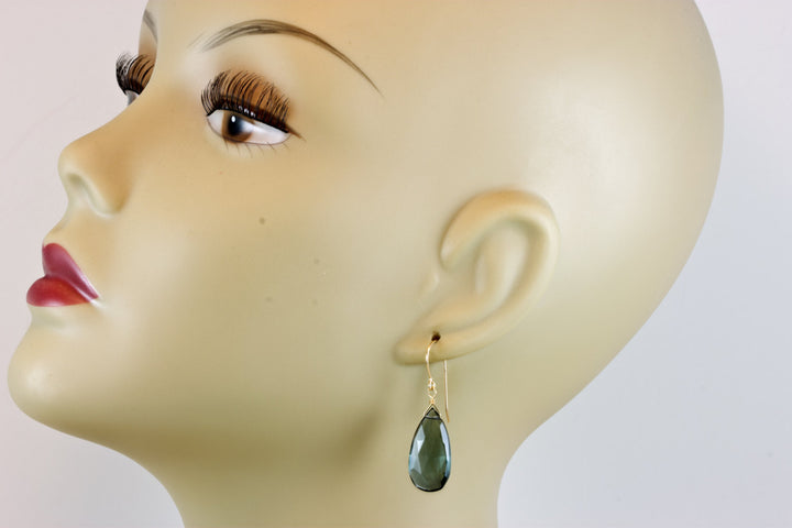 London Blue Earrings Simulated Topaz Teardrop Briolette Faceted Large Smoky Drops Sterling Silver or 14k Solid Yellow Gold or Filled Smokey