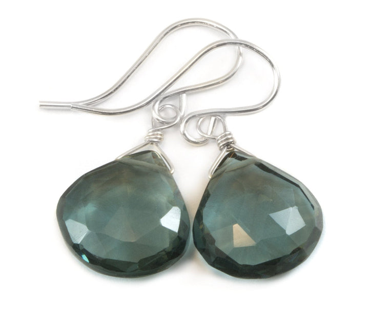 London Blue Earrings Sim Topaz Teardrop Briolette Faceted Heart Smoky Drop Sterling Silver or 14k Solid Gold or Filled Simple Smokey Blue