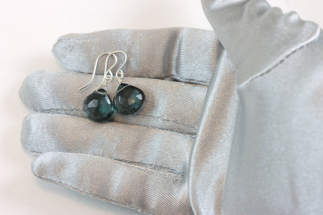 London Blue Earrings Sim Topaz Teardrop Briolette Faceted Heart Smoky Drop Sterling Silver or 14k Solid Gold or Filled Simple Smokey Blue