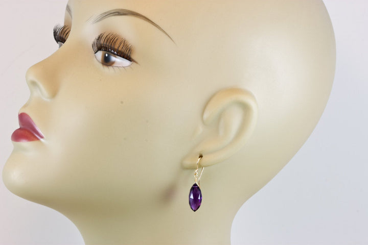 Purple Amethyst Earrings Faceted Marquise Simulated Briolette Cut 14k Solid Gold or Filled or Sterling Silver Teardrop Fancy Deep Rich color