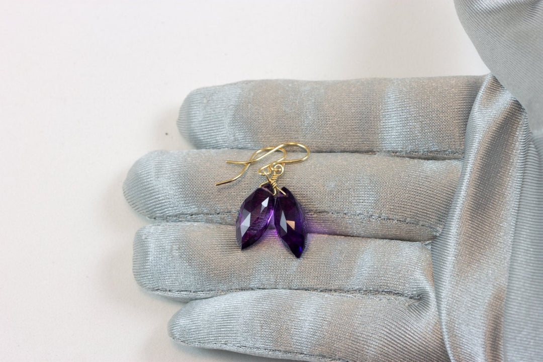 Purple Amethyst Earrings Faceted Marquise Simulated Briolette Cut 14k Solid Gold or Filled or Sterling Silver Teardrop Fancy Deep Rich color