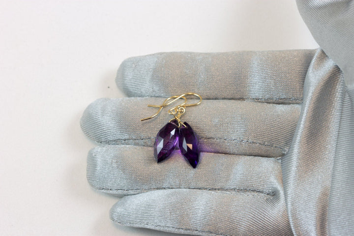 Purple Amethyst Earrings Faceted Marquise Simulated Briolette Cut 14k Solid Gold or Filled or Sterling Silver Teardrop Fancy Deep Rich color