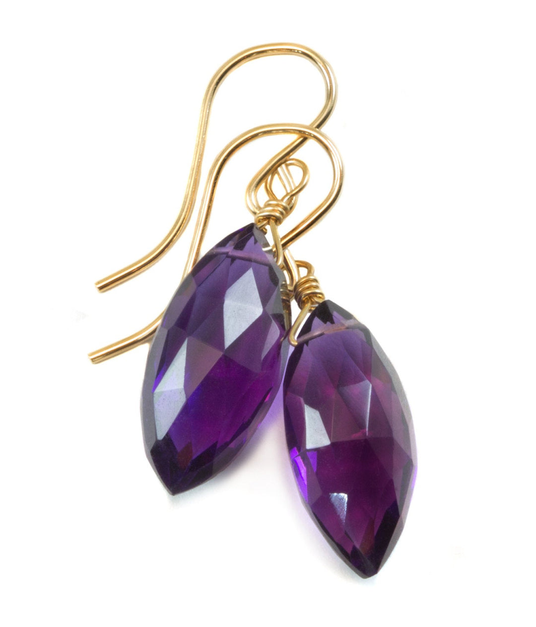 Purple Amethyst Earrings Faceted Marquise Simulated Briolette Cut 14k Solid Gold or Filled or Sterling Silver Teardrop Fancy Deep Rich color