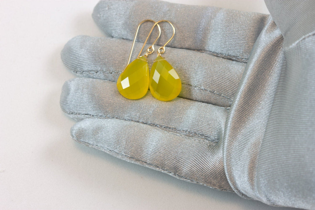 Yellow Chalcedony Earrings Teardrop Large Pear Faceted 14k Solid Gold or Filled or Sterling Silver Spyglass Designs cheery bright unique