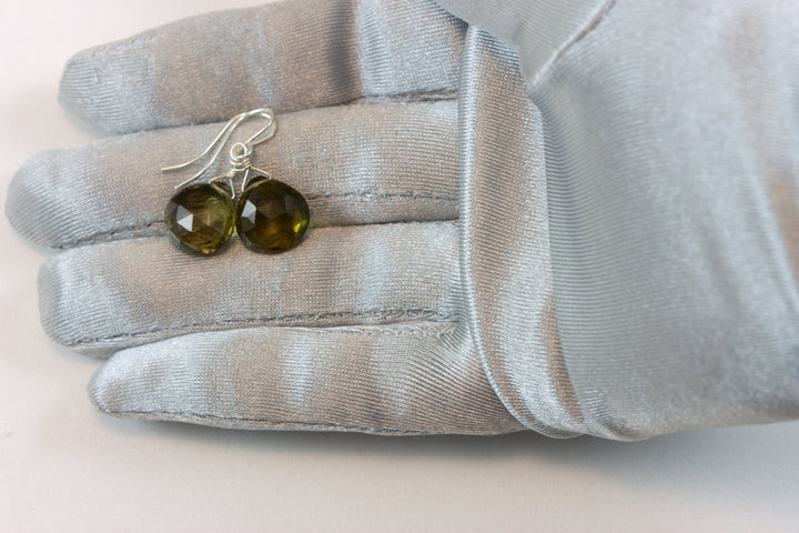 Green Olive Quartz Earrings Heart Briolette Smoky Drops 14k Solid Gold or Yellow or Rose Filled or Sterling Silver Faceted Lightweight