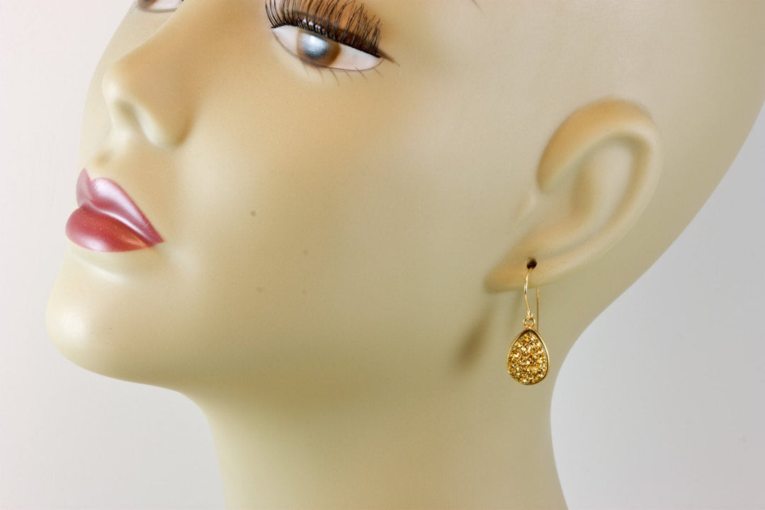 Golden Drusy Earrings Druzy Teardrop Shape 14k solid yellow gold or filled Bezel Set Simple Drops Natural Drusy Quartz Simple Dressy Drops