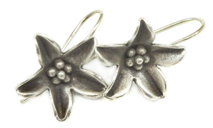 Lotus Flower Earrings Sterling Silver Hill Tribe Silver Oxidized Simple Earthy French Wires  Spyglass Designs Handmade Daily Wear
