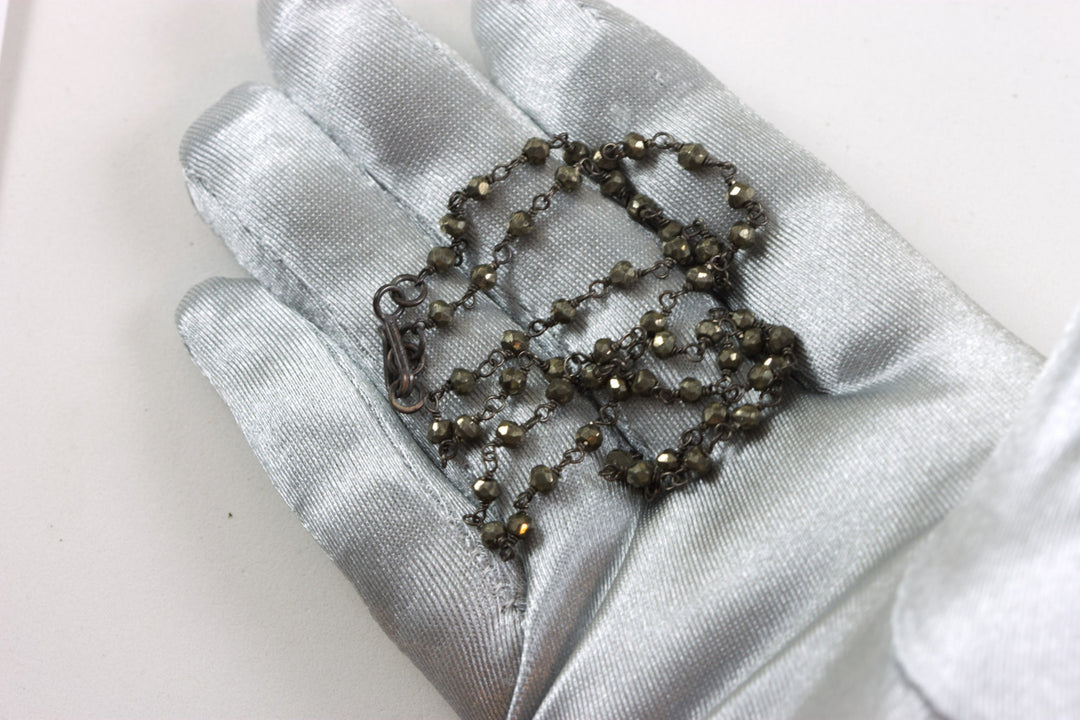 Pyrite Necklace Chain Link Beaded Oxidized Black Silver Plate Faceted  18 19 Inches Natural Bronze Color Iron Pyrite Simple Dainty