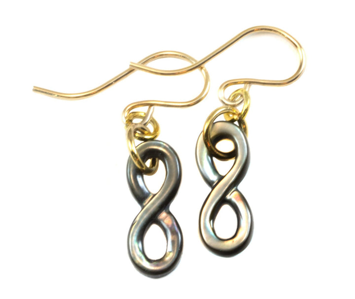 Mother of Pearl Earrings Natural Carved Infinity Drops 14k Gold Filled or Sterling Silver Infinity Symbol Iridescent Simple Lightweight MOP