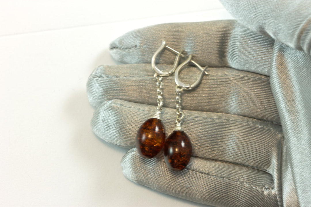 Amber Earrings Sterling Silver Dark Honey Smooth Fat Teardrop Natural Briolettes Dangles Sterling Silver Fancy Leverbacks Latch Back