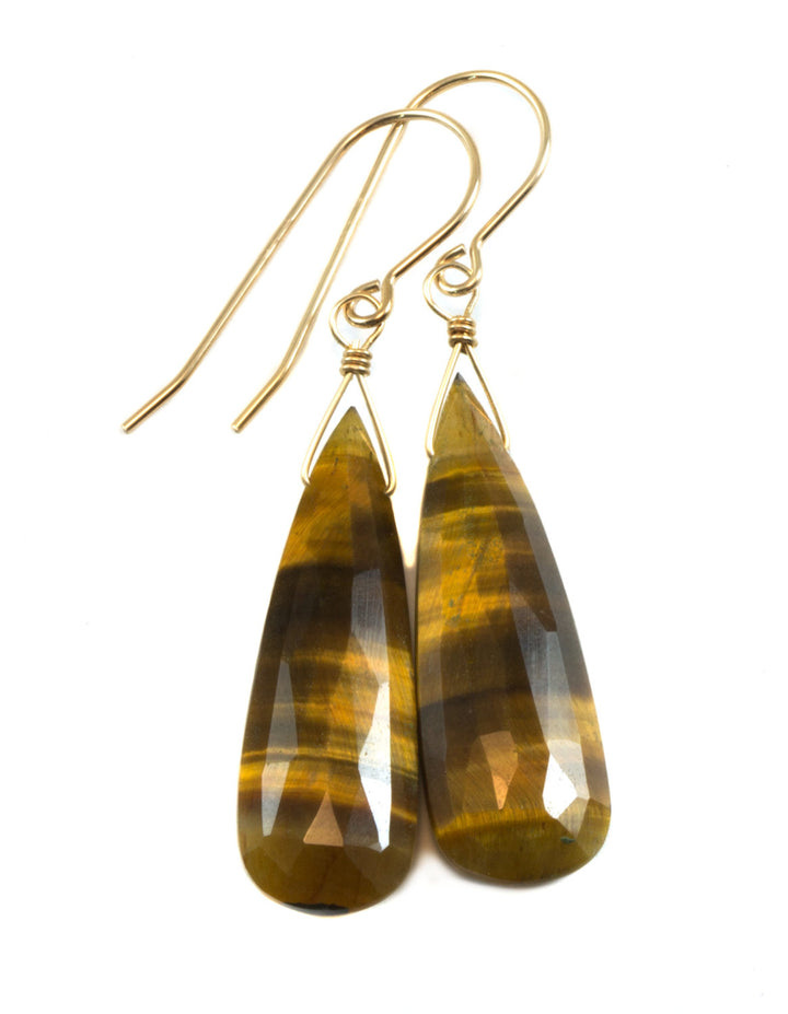 Tiger's Eye Earrings Faceted Long Teardrop dangle drop 14k Solid Gold or Filled or Sterling silver AAA Striped Golden color Large Natural