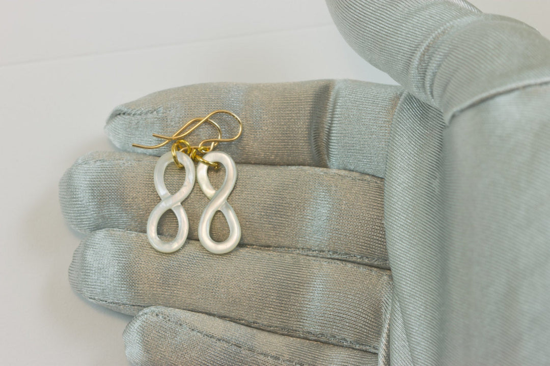 Mother of Pearl Earrings Carved natural Silvery White Infinity Drops Medium Size 14k Gold Filled or Sterling Silver Simple MOP drops