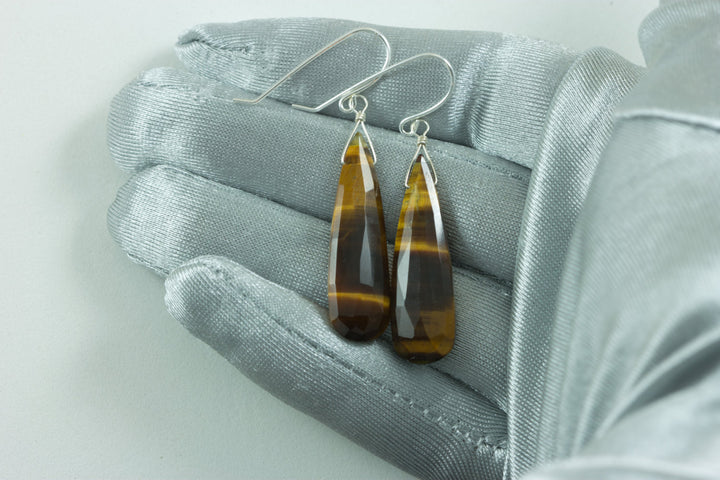 Tiger's Eye Earrings Faceted Long Teardrop dangle drop 14k Solid Gold or Filled or Sterling silver AAA Striped Golden color Large Natural