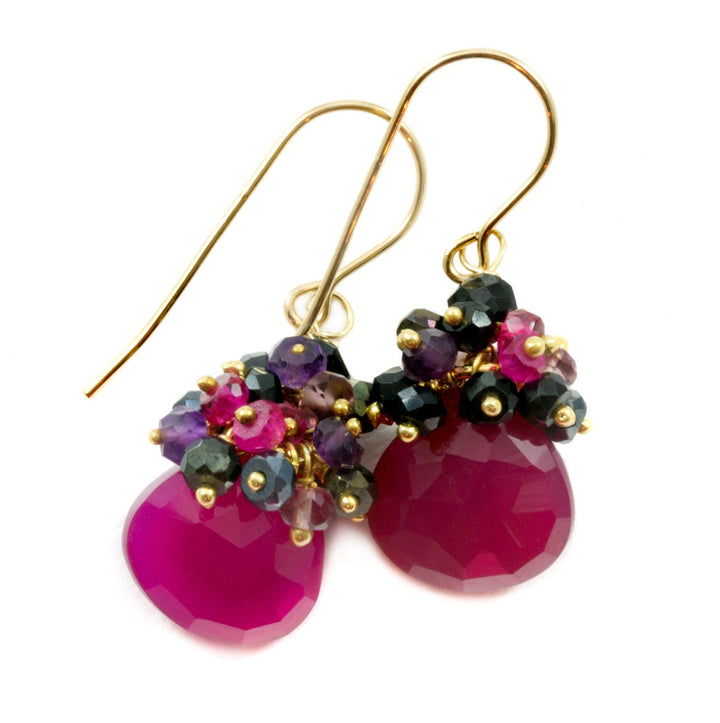 Hot Pink Chalcedony Earrings Cluster Heart Faceted 14k Solid Gold or Filled Topaz Spinel Amethyst Pyrite Sapphire fuchsia Magenta Drops