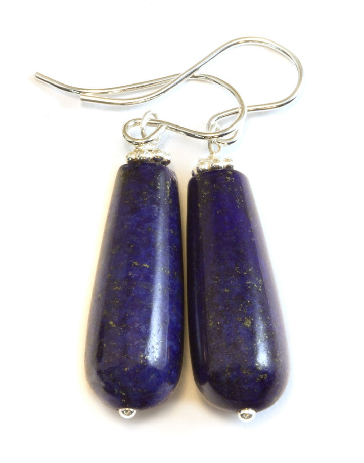 Blue Lapis Lazuli Earrings Long Rounded Drops Natural Sterling Silver or 14k Gold Filled Natural Teardrops Simple Daily Wear Pyrite Flecks