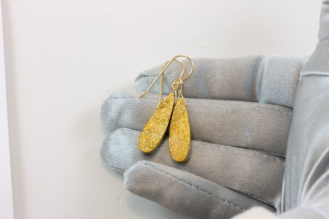 Golden Drusy Earrings Druzy Long Teardrop 14k Solid gold or filled or Sterling Silver Druzy Quartz Simple Drops Druse Classic Dressy Drops