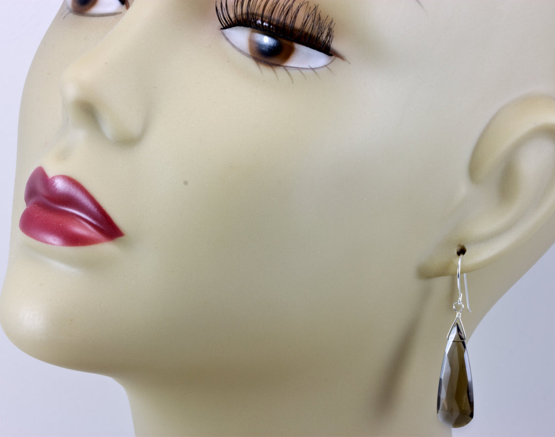 Smoky Quartz Earrings Faceted AAA Large Long Briolette Smokey Sterling Silver or 14k solid Gold or Filled Rich Smoky simple drops Spyglass
