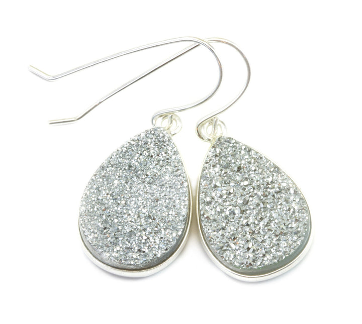 Silvery Drusy Earrings Druzy Teardrop Shape Sterling Silver French Ear Wires Bezel Set Simple Drops sparkley shiney large ovals