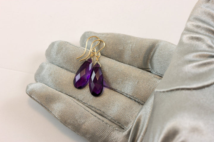 Purple Simulated Amethyst Earrings Faceted Teardrop Long 14k Solid Gold or Filled or Sterling Silver Cut Deep Rich Color Simple Contemporary