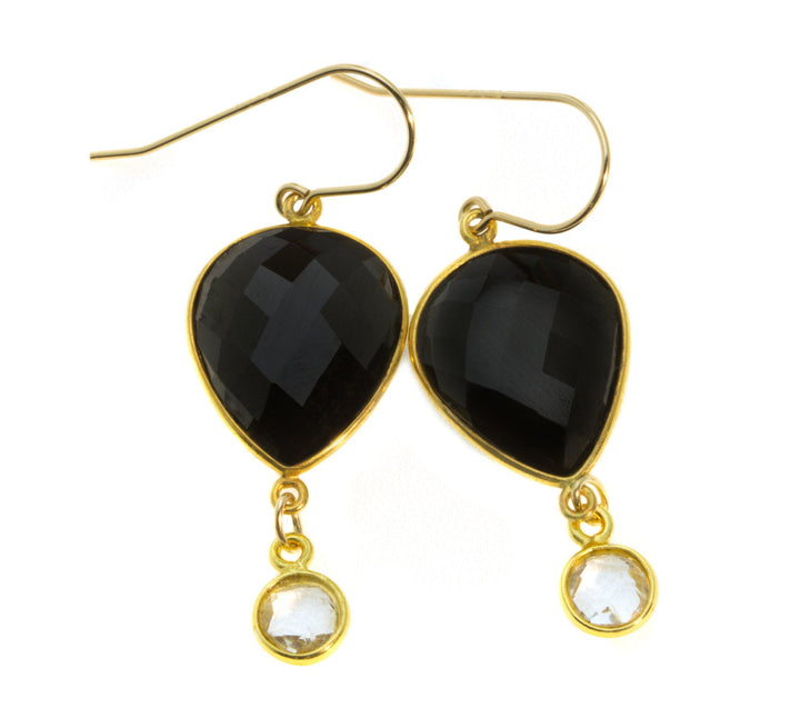Black Spinel Earrings Bezel Set Faceted Teardrop 14k solid Gold or Filled French Earwire Large Double Hung Simple Drops Clear Quartz Puffed
