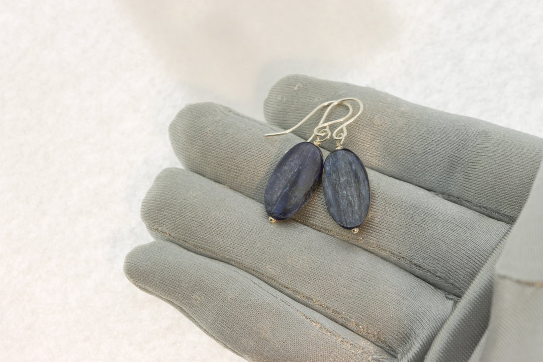 Kyanite Earrings  Rich Blue High Quality Smooth Simple Natural Narrow Oval Drops 14k Solid Gold or Filled or Sterling Silver Dark Blue Denim