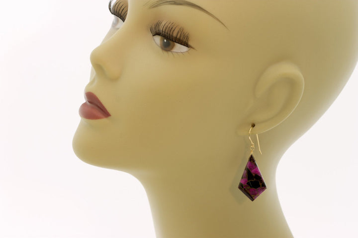 Pink Copper Mosaic Obsidian Earrings Smooth Teardrop  Drops Sterling Silver or 14k Solid Gold or Filled Triangle Point Hot Pink Unique