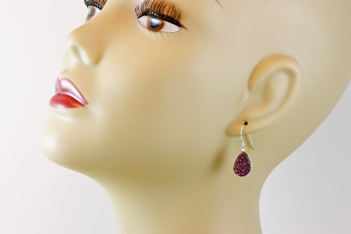 Purple Peacock Druzy Earrings Teardrop Sterling Silver or 14k Solid Gold or Filled French Ear Wires Bezel Simple Drops sparkly drusy quartz
