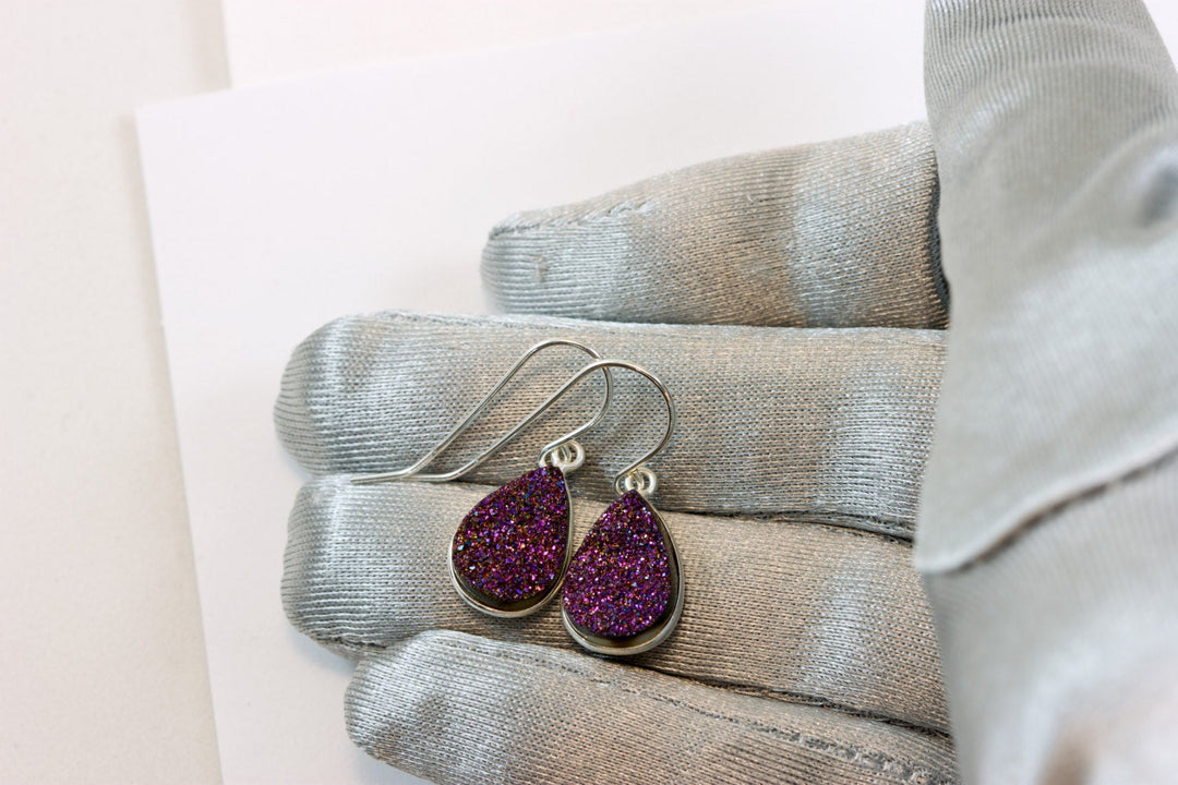Purple Peacock Druzy Earrings Teardrop Sterling Silver or 14k Solid Gold or Filled French Ear Wires Bezel Simple Drops sparkly drusy quartz