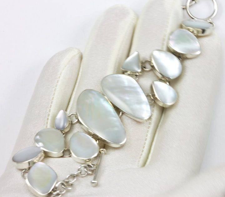 Mother of Pearl Bracelet White Shell Sterling Silver Toggle Clasp 7 7.5  Inches Inch Simple Adjustable Bezel Set Contemporary Daily Wear