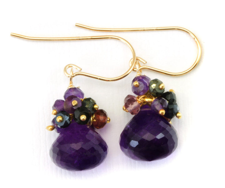 Purple Amethyst Cluster Earrings 14k Solid gold or filled Ear Wires sapphire garnet spinel topaz faceted hearts Dense Cluster Drops