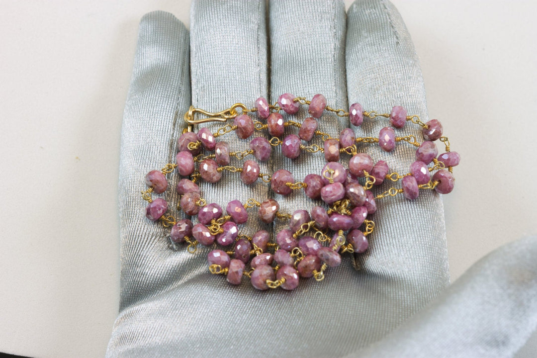 Red Pink Ruby Necklace Chain Link Beaded 14k gold filled Faceted  24 Inch Mystic Silverite Simple Sparkly Unique Finish Spyglass Designs