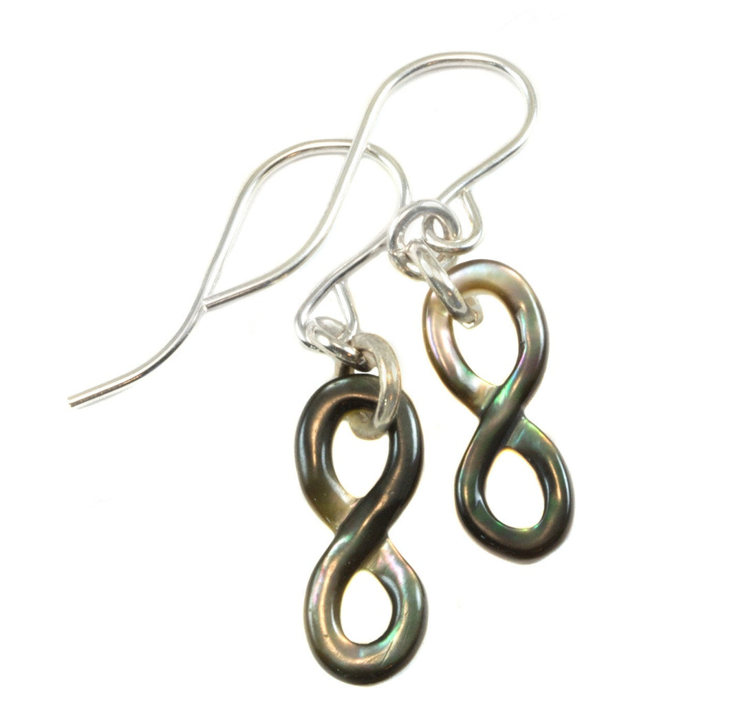 Mother of Pearl Earrings Natural Carved Infinity Drops 14k Gold Filled or Sterling Silver Infinity Symbol Iridescent Simple Lightweight MOP