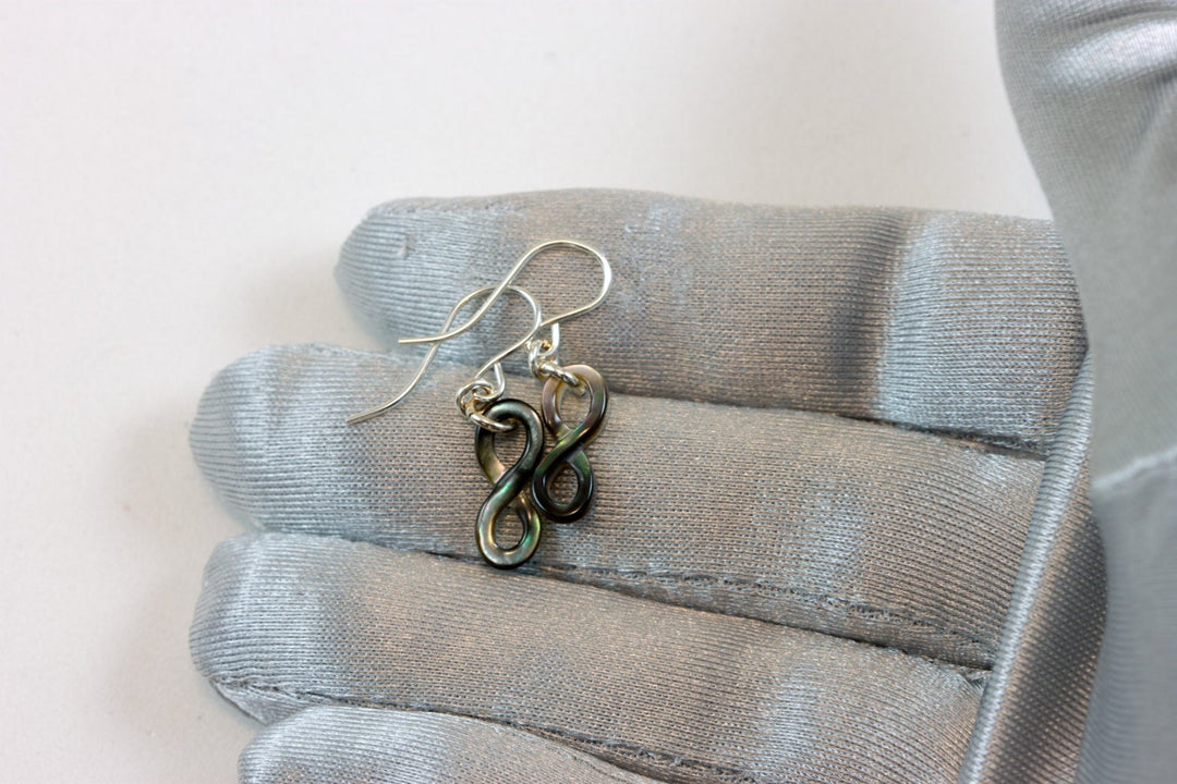 Mother of Pearl Earrings Natural Carved Infinity Drops 14k Gold Filled or Sterling Silver Infinity Symbol Iridescent Simple Lightweight MOP