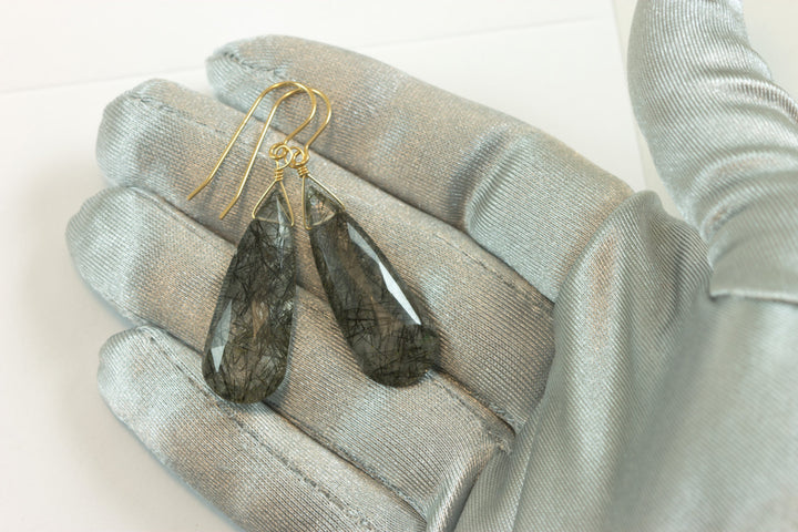 Black Rutile Tourmalated Quartz Earrings 14k Gold Filled Faceted Large Long Rutilated Select Teardrop  2 Inch Rich Select Rutilation