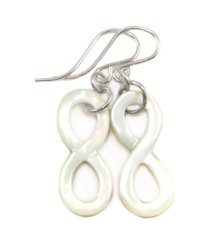 Mother of Pearl Earrings Carved natural Silvery White Infinity Drops Medium Size 14k Gold Filled or Sterling Silver Simple MOP drops