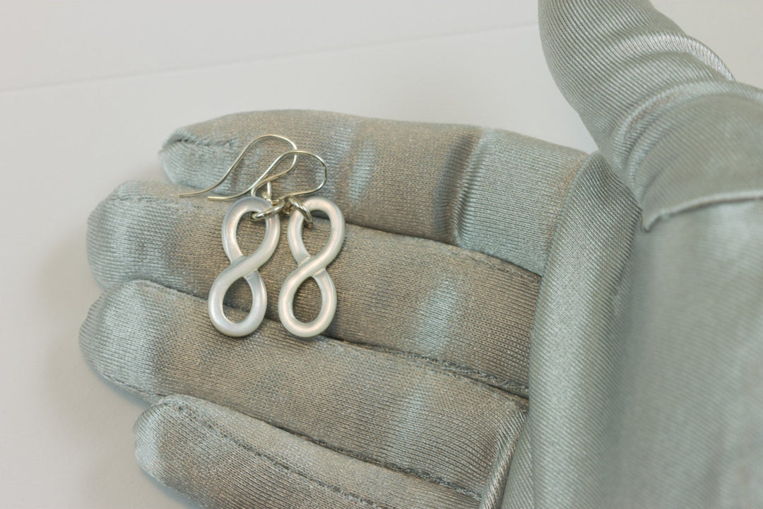 Mother of Pearl Earrings Carved natural Silvery White Infinity Drops Medium Size 14k Gold Filled or Sterling Silver Simple MOP drops