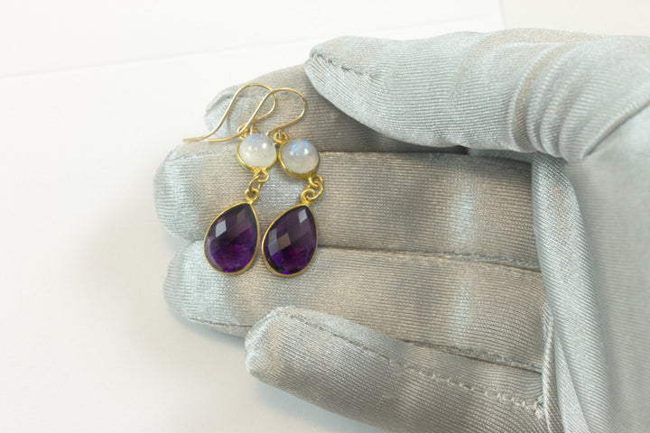 Purple Amethyst Earrings Bezeled Set Double Hung Natural Blue Rainbow Moonstone Smooth Cut 14k Yellow Gold or Filled Long Classic simple