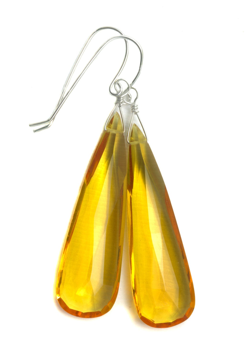 Yellow Citrine Earrings Large Faceted Simulate Briolette Long Drops 14k solid gold or filled or Sterling Silver Large Teardrops 2 Inch