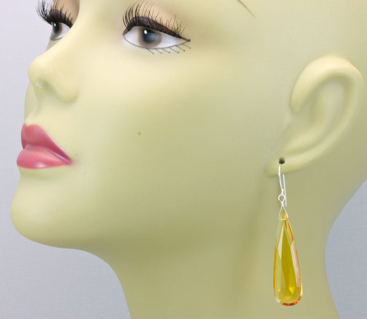 Yellow Citrine Earrings Large Faceted Simulate Briolette Long Drops 14k solid gold or filled or Sterling Silver Large Teardrops 2 Inch