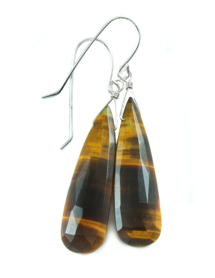 Tiger's Eye Earrings Faceted Long Teardrop dangle drop 14k Solid Gold or Filled or Sterling silver AAA Striped Golden color Large Natural