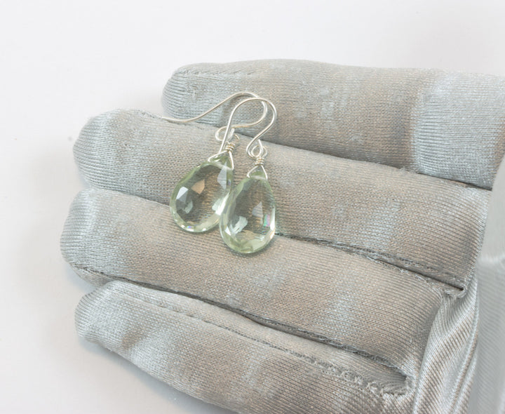 Green Amethyst Earrings Prasiolite Faceted AAA Pear Teardrop 14k Solid Gold or Filled or Sterling Silver Simply Daily Pale Soft Green Drop