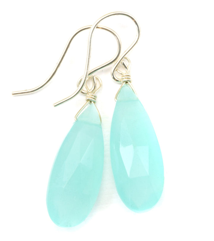 Aqua Blue Chalcedony Earrings 14k Solid Gold or Filled or Sterling Silver Long Teardrops Faceted Briolette Soft Light Blue Drops