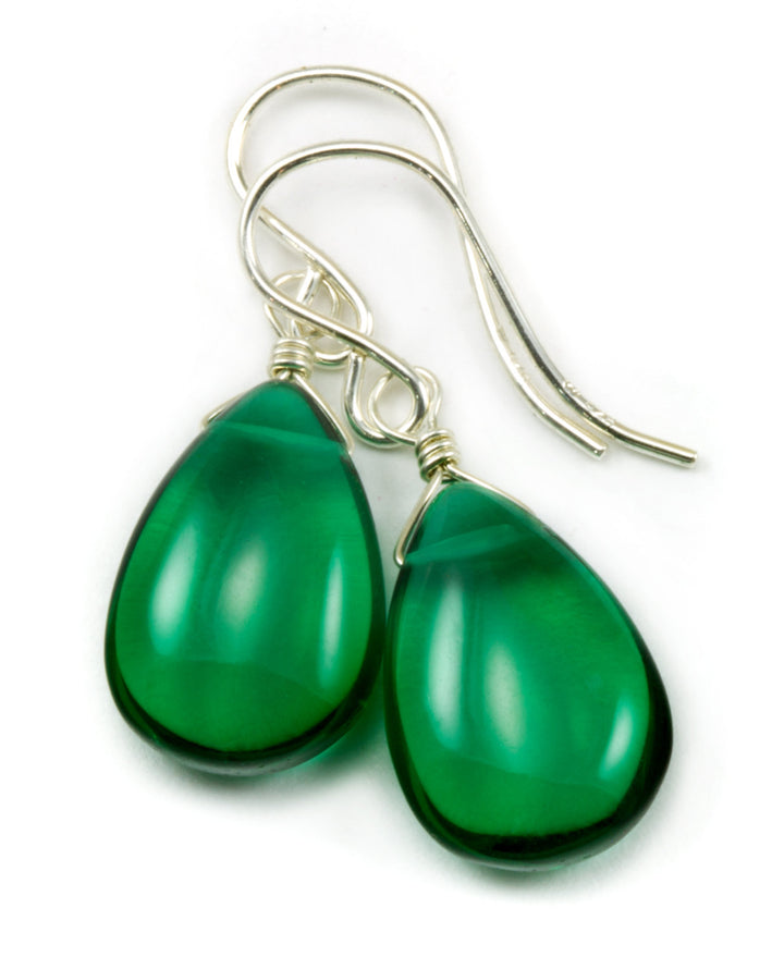 Emerald Green Earrings Smooth Simulated Emerald Pear Teardrop Drop Dangle Sterling Silver or 14k Solid Gold or Filled Simple Basic Classic