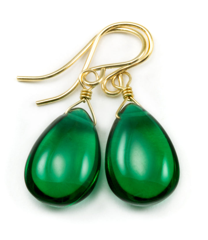 Emerald Green Earrings Smooth Simulated Emerald Pear Teardrop Drop Dangle Sterling Silver or 14k Solid Gold or Filled Simple Basic Classic